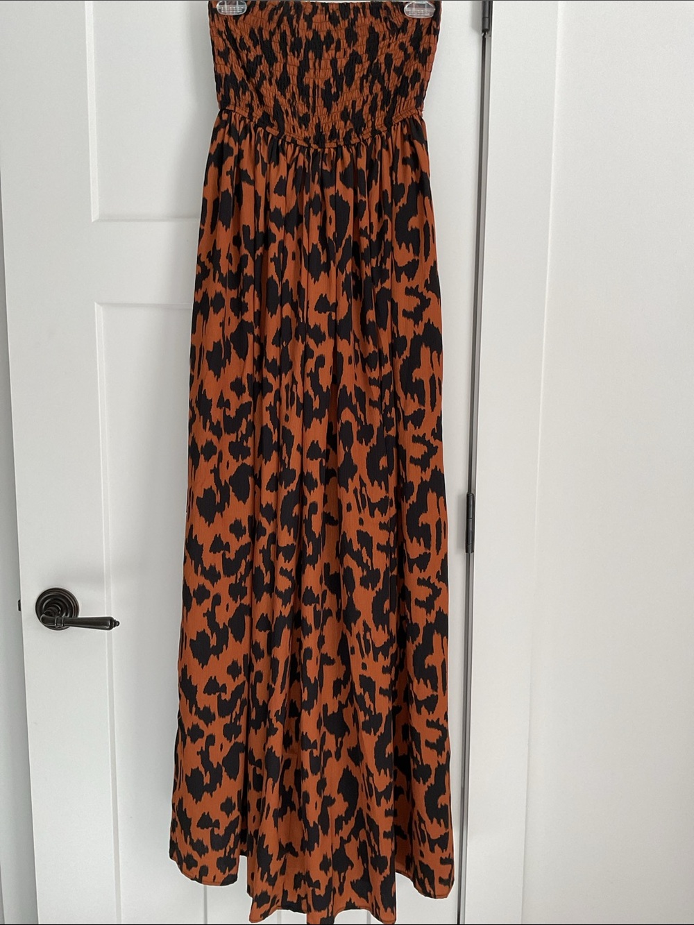 Fashion Nova/Strapless Rust Leopard Print Smocked Wide Leg Jumpsuit Boho